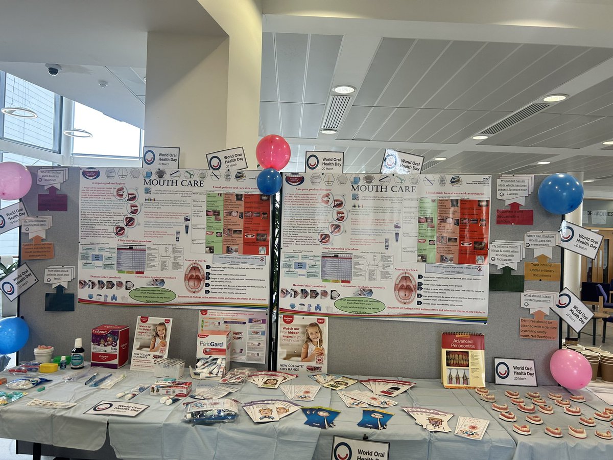 JoanGoodbody's tweet photo. World Oral Health Day is off to a great start @UHCW with our Max Fax/ENT outpatient nursing team  educating staff on the importance of mouth care for our patients @UHCWP2E @UHCWDietitians @UHCW_CritCare come and see them 1st Floor atrium for your free ward/dept pack https://t.co/nD7zQQiGRn