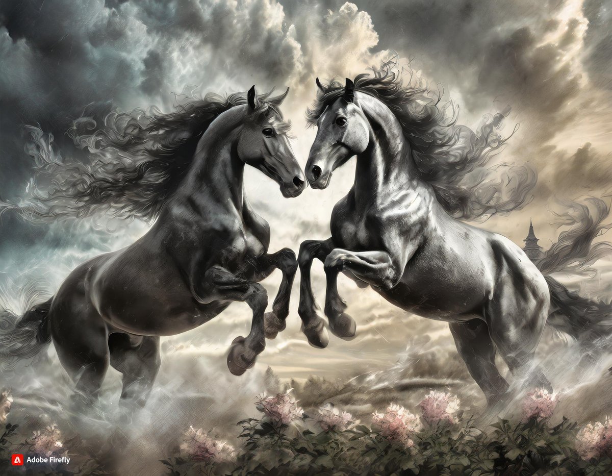 Me: 2 shire horses fighting, motion blur flowers, the fractal, dramatic ethereal sky in the background.

Ai: Your imagination shire horses in Reality

Me: I like it, but can I ride on their back!❣️

What you say!
#shirehorse #horsepainting #aigeneratedart