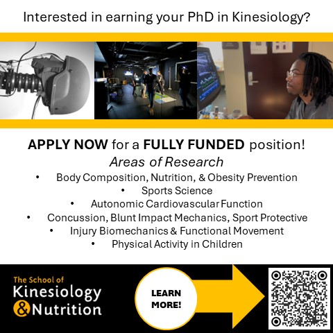 I am officially looking for a fully funded PhD to join my lab here at USM in Fall 24! Our lab studies body composition, nutrition, and their interactions with both chronic disease and sports performance. 

Reach out to me at austin.graybeal@usm.edu if you are ready for greatness!