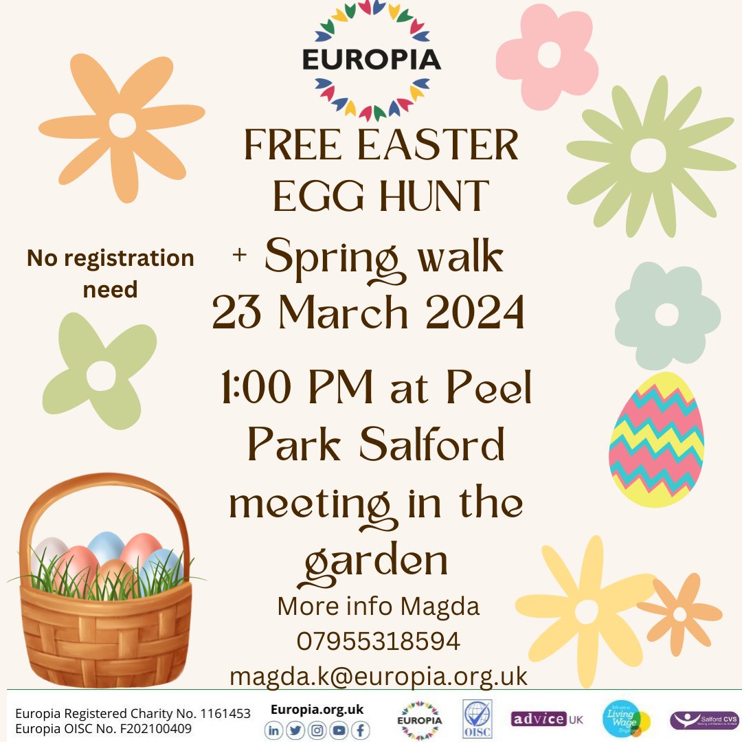 Europia (@europiamcr) on Twitter photo 🥚🌸 Join us on Saturday, March 23rd, for an #egg #hunt and #spring #walk at Peel Park. It's a #free #community #event, and everyone is welcome, including children. For more information, contact Magda at 07955318594 or Magda.k@europia.org.uk. #Europia 🥚🌸 Join us on Saturday, March 23rd, for an #egg #hunt and #spring #walk at Peel Park. It's a #free #community #event, and everyone is welcome, including children. For more information, contact Magda at 07955318594 or Magda.k@europia.org.uk. #Europia