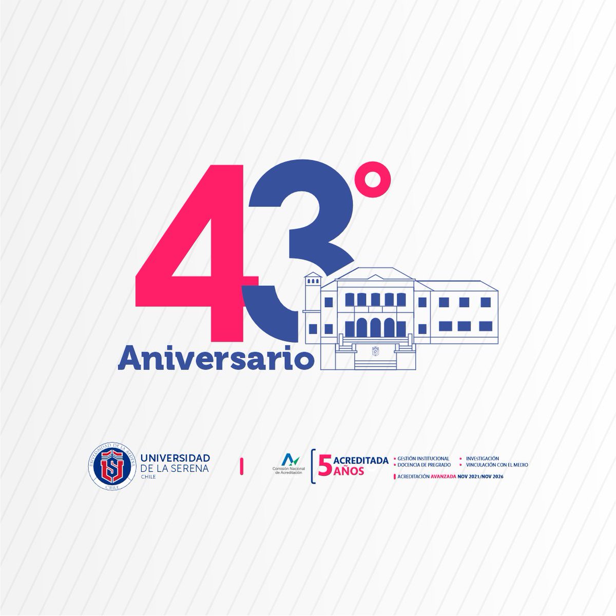 🎂🎈Hoy celebramos un nuevo aniversario institucional 😃

👉43 años formando profesionales de excelencia y contribuyendo al desarrollo de nuestra región y el país.

Un abrazo a tod@s quienes son o han sido parte de #USerena y su comunidad 🫶

¡Felicidades!