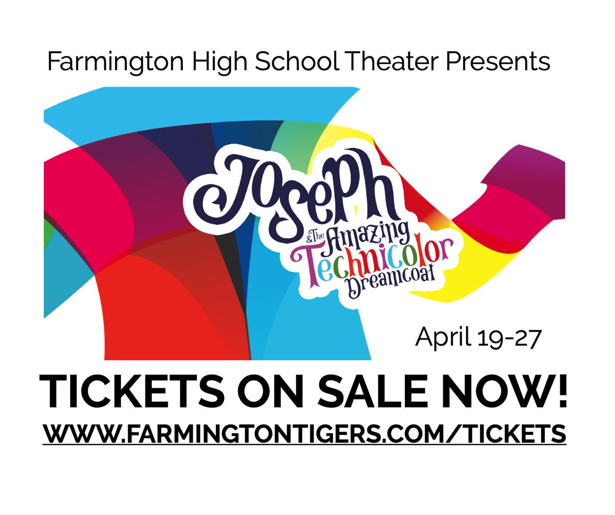 TICKETS ARE ON SALE NOW AND ALREADY SELLING FAST! We expect performances to sell out, so secure the best seats by reserving your seats now. 'Joseph' comes to Farmington for two weekends only, April 19-27. Buy tickets here: farmingtontigers.com/sports/2021/8/… . @district192 @tigerfarmington