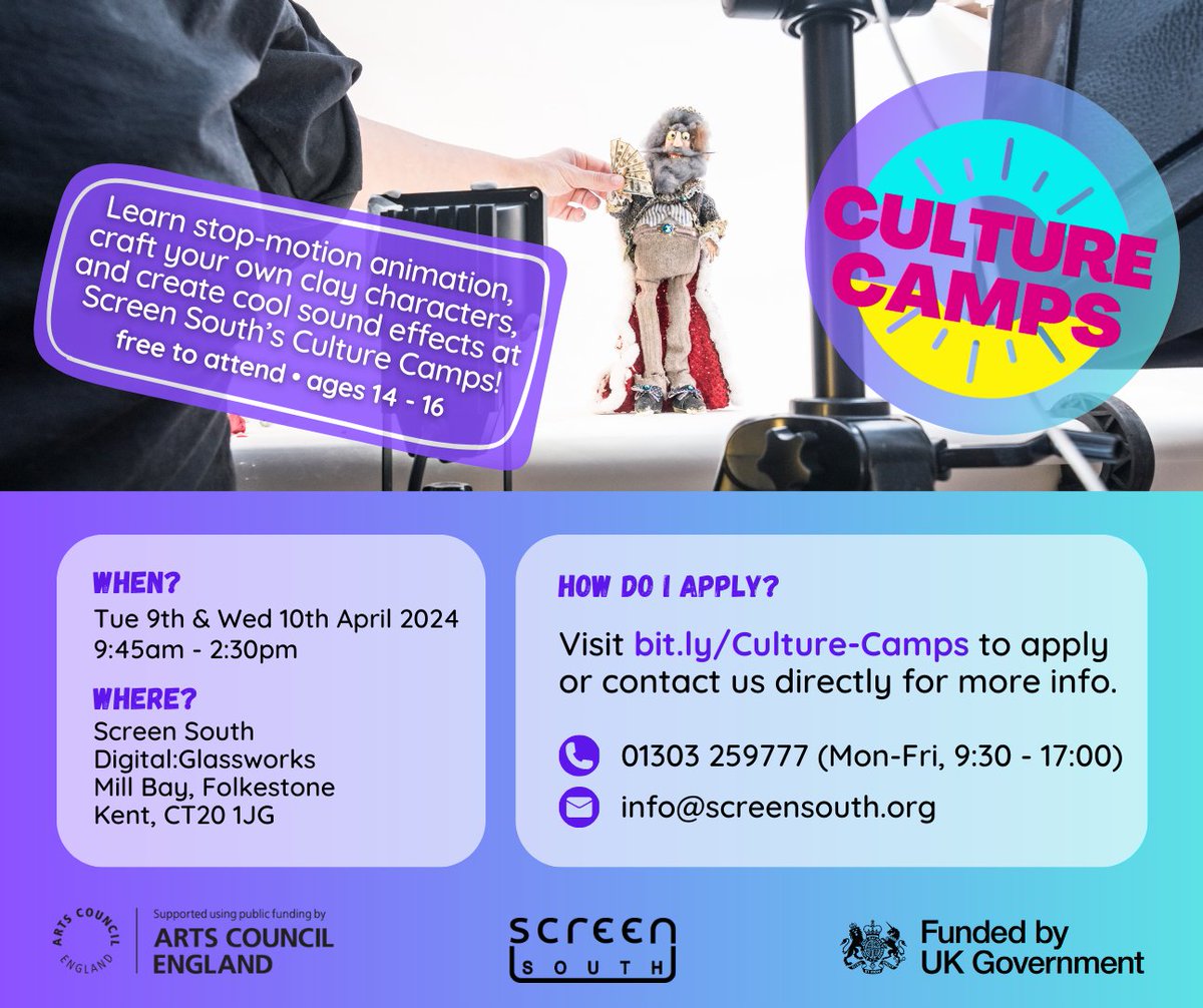 Interested in #animation? Calling all 14-16-year-olds - come along to our FREE Culture Camps workshops on 9th & 10th April and get stuck into exciting #stopmotion, #soundeffects, and clay sculpting! Visit screensouth.org/events/culture… to book your place or find out more.
