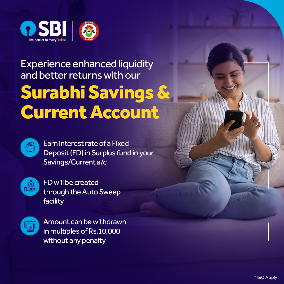 Discover the benefits of a Surabhi Savings & Current Account – where higher interest rates meet improved liquidity.

To learn more, visit: bank.sbi/web/business/s…

#SBI #SurabhiScheme #DeshKaFan #TheBankerToEveryIndian #SaveSmartWithSBI
