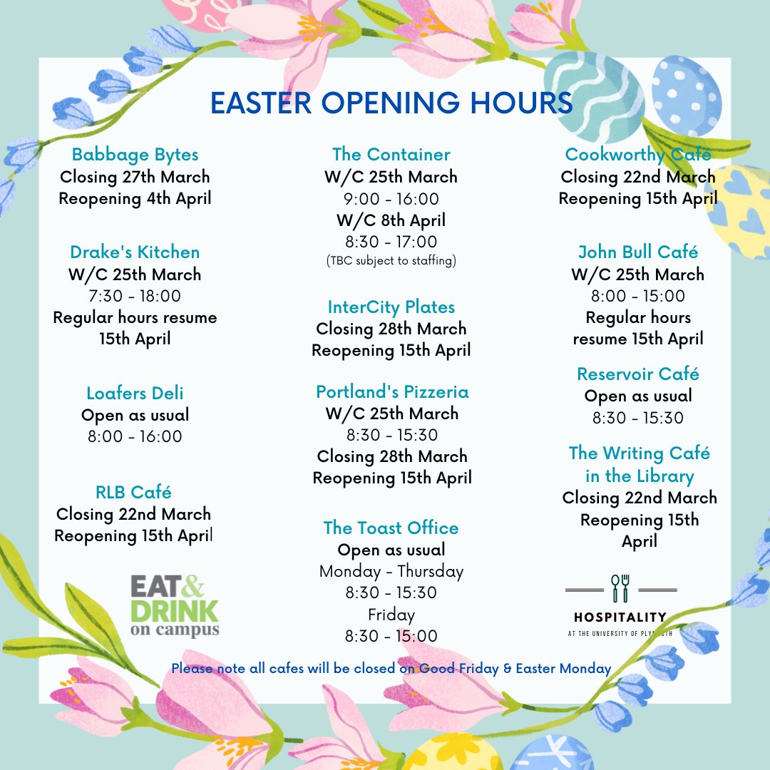 As #Easter approaches, we'll be making changes to our opening hours & temporarily closing some cafes. Don't worry, there will still be plenty of choices available😍 Please note that The Library Café, RLB Café, & Cookworthy Café will be closed this Friday for the Easter holiday.