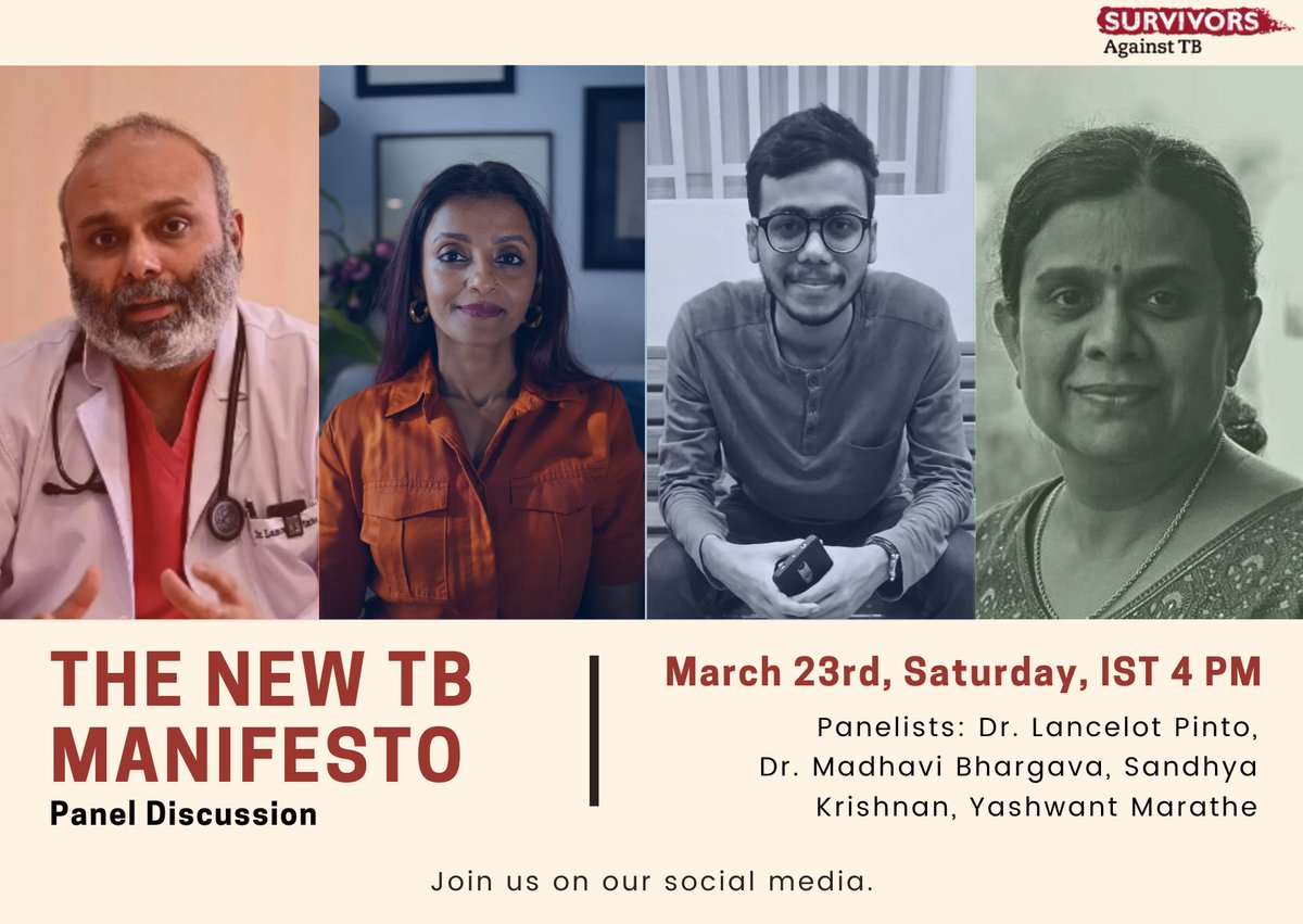 Join us for an enlightening panel discussion on “The New TB Manifesto” featuring TB survivors and experts. March 23rd, Saturday at 4 PM. Don’t miss out! Register Now to Participate : forms.gle/tbW5eUgb5vdzf2… #ourtbmanifesto #worldtbday #endtb