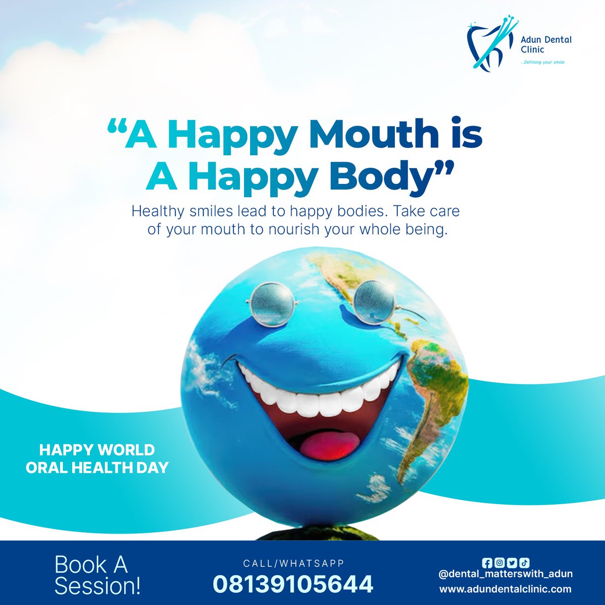 “A Happy Mouth is a Happy Body” 

Healthy smiles lead to Happy bodies. Take care of your mouth to nourish your whole being. 

Happy World Oral Health Day 😁 to you from all of us at Adun Dental Clinic

Don’t forget to book a session with us adundentalclinic.com/book-your-appo…

#ColgateWOHD24