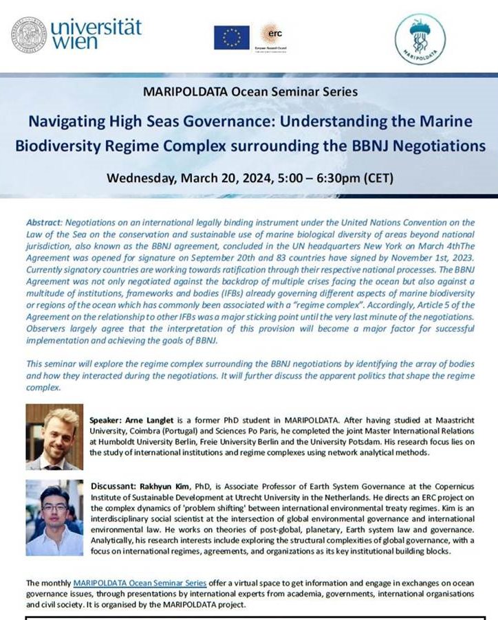 Join us today for our Ocean Seminar 'Navigating High Seas Governance: Understanding the Marine Biodiversity Regime Complex surrounding the BBNJ Negotiations' We are looking forward to see you all! Presentation: @ArneLa_10 Discussion: @RakhyunKim 👉maripoldata.eu/newsevents/