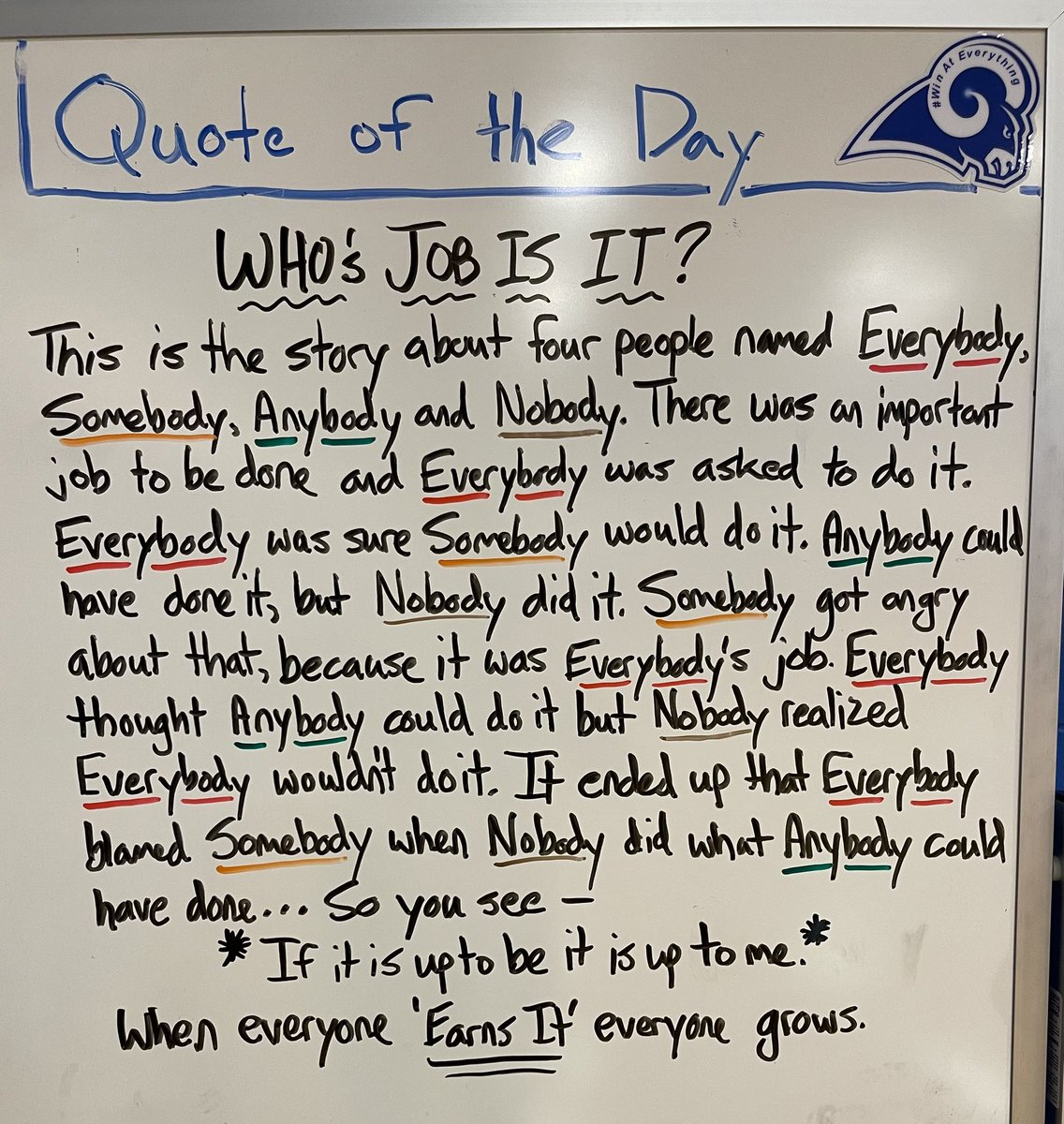“Who’s Job Is It?” One of the hardest roles in leadership is determining how to ensure meaning and allocating responsibilities. Everyone must hold up their end of the bargain for Anyone to succeed.