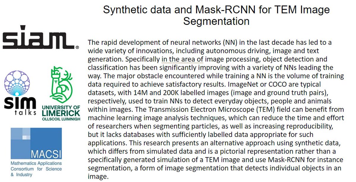 SIAM Chapter UL (@ulsiamsc) on Twitter photo Looking forward to today's SIM talk from Natalia da Silva de Sa! Natalia will discuss "Synthetic data and Mask-RCNN for TEM Image Segmentation".
The SIM talk will be held in UL and all are welcome to attend!
<a href="/data_science_ie/">data_science_ie</a> Looking forward to today's SIM talk from Natalia da Silva de Sa! Natalia will discuss "Synthetic data and Mask-RCNN for TEM Image Segmentation".
The SIM talk will be held in UL and all are welcome to attend!
<a href="/data_science_ie/">data_science_ie</a>
