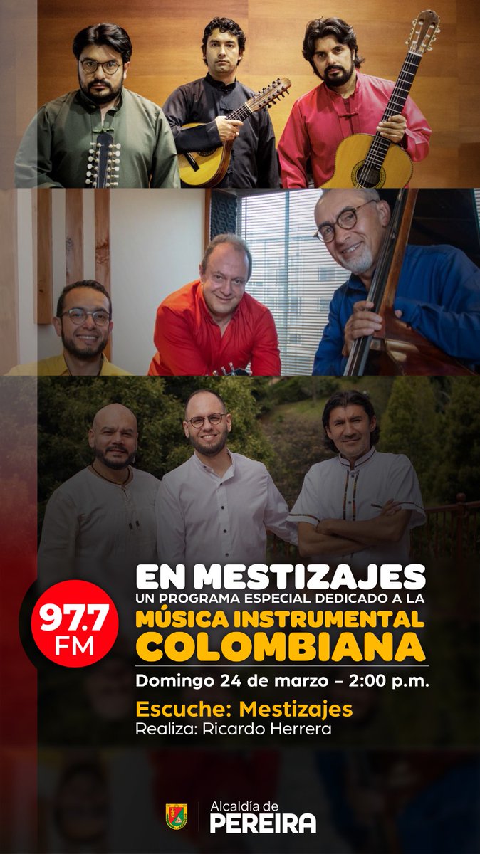 En MESTIZAJES ésta semana, música instrumental colombiana para el deleite de los sentidos, a través de la red de radio cultural del país.   En Pereira: Domingo 24 de marzo - 2:00pm por <a href="/EmisCulturalRAC/">Emisora Cultural RAC</a> 97.7FM y en streaming de internet por emisoraculturaldepereira.com
#mestizajes