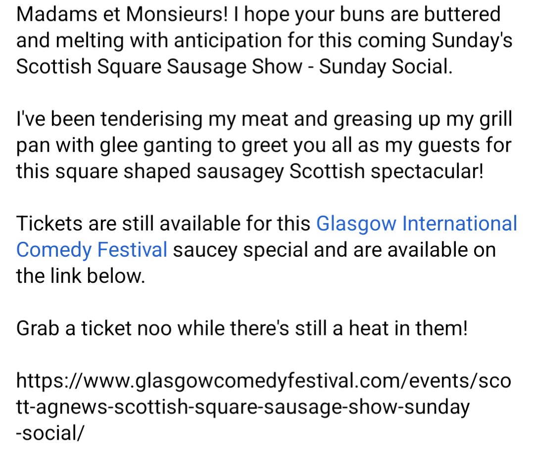 Scott Agnew's Scottish Square Sausage Show - Sunday Social is just days away - a full fat feast of funny for the Glasgow International Comedy Festival @GlasgowComedy Grab a ticket noo while there's still a heat in them! glasgowcomedyfestival.com/events/scott-a…