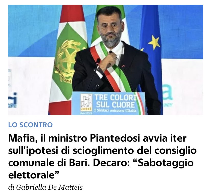 Usano istituzioni per colpire le opposizioni e per colpire uno dei sindaci più amati d’Italia. Una persona riconosciuta da tutti come brava e preparata Una roba allucinante perpetrata da cialtroni incapaci. Gli si ritorcerà contro. Chi semina vento raccoglie tempesta. #Bari