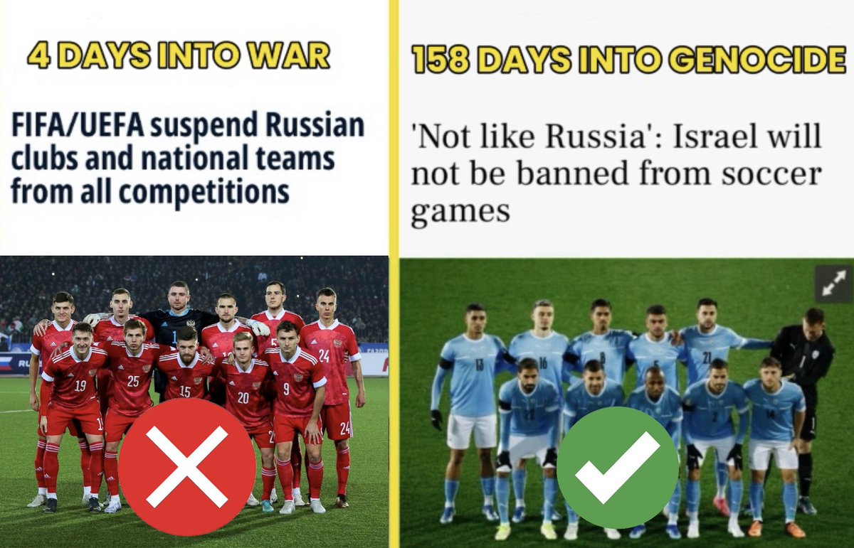 🇷🇺Rusya Ukrayna'ya saldırdıktan 4 gün sonra, UEFA Rus takımlarını askıya aldı.
🇮🇱Ama soykırım yapan İsrail'e aylardır tık yok.