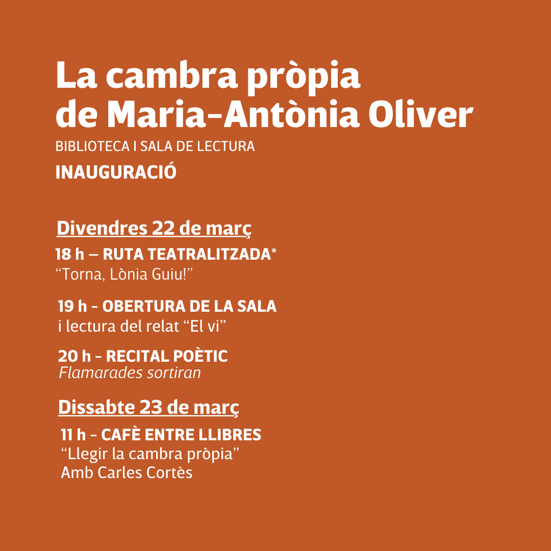 En dos dies obrirem les portes de 'La cambra pròpia de Maria-Antònia Oliver'! 📚✨ Tenim moltíssimes ganes d'omplir-la de vida i de lectures! Les places per la ruta estan esgotades! Però no patiu, si no en teniu, us esperam a les 19 h a Binissalem! ℹ️ mallorcaliteraria.cat/ca/fitxa-activ…