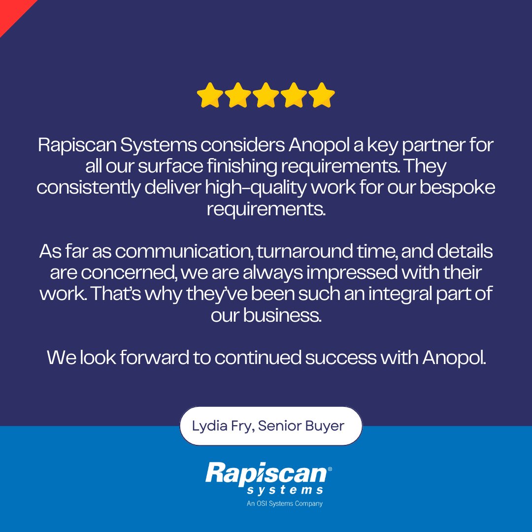 At Anopol, we believe that our customers deserve nothing but the best, and we’re committed to delivering just that.

A big thank you to Lydia at Rapiscan Systems for sharing her experience of working with us. 

#anopol #electropolishing #testimonial #ukmfg #stainlesssteel steel