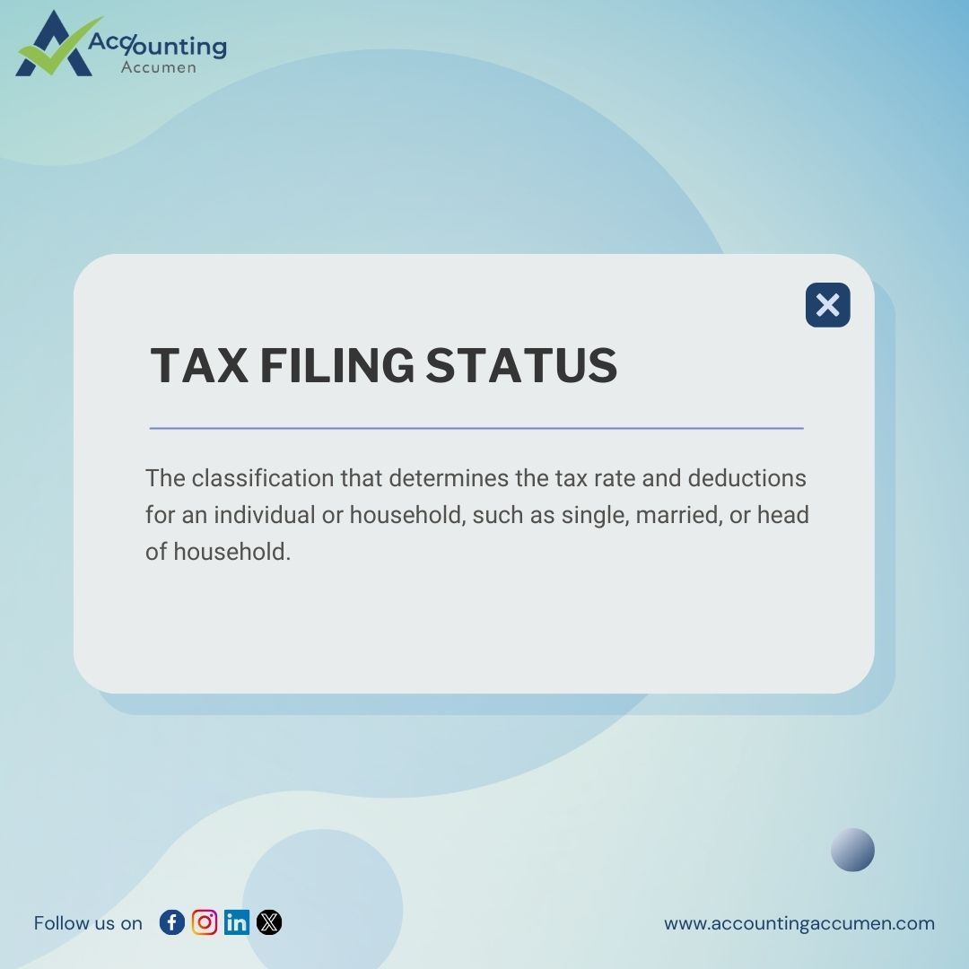 Decoding tax jargon just got easier! 🧩 Whether you're 'Single', 'Married Filing Jointly', or navigating 'Head of Household', understanding your filing status unlocks potential savings. Dive into tax season informed and ready. #taxtip #financesimplified #accountingaccumen