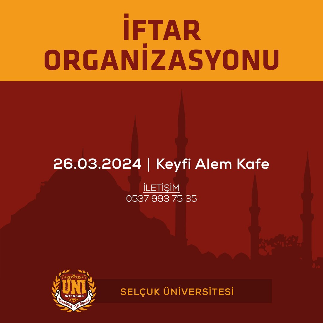 Geleneksel ultrAslan UNI Selçuk Üniversitesi iftar organizasyonumuz 26 Mart Salı günü Keyf-i Alem Cafe'de (Forum Kampüs) yapılacaktır. Tüm taraftarlarımız iftarımıza davetlidir. #ultrAslanUNI