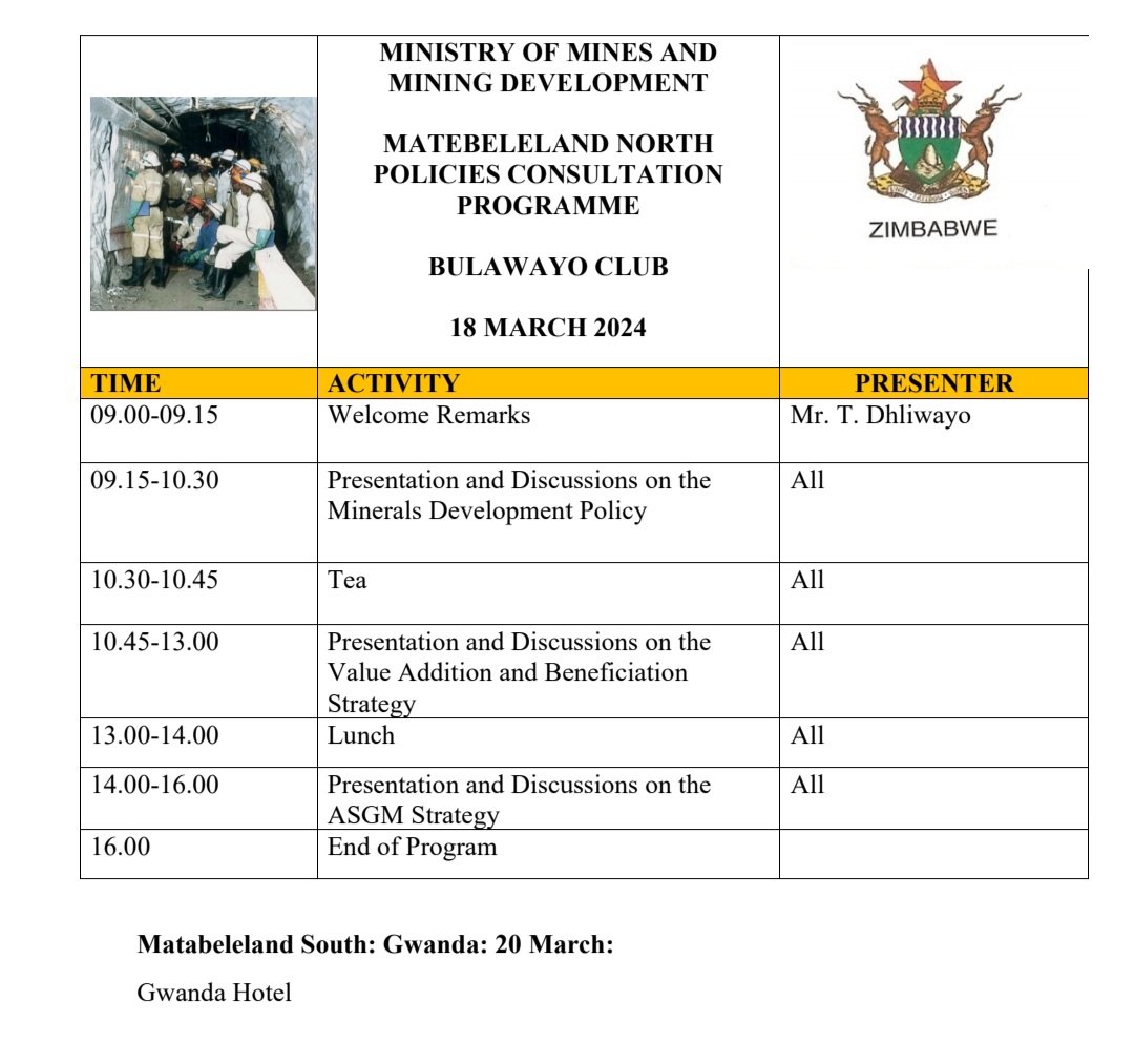 Ministry of Mines is conducting a Stakehloders Consultations on Mining Policies #Gwanda <a href="/ZELA_Infor/">Zimbabwe Environmental Law Organisation (ZELO)</a> <a href="/ZIMCODD1/">ZIMCODD</a> <a href="/CNRG_ZIM/">CNRG Zim</a> <a href="/tafara_chiremba/">Tafara Chiremba</a> 
<a href="/mr_gwanda/">James of Gwanda</a>