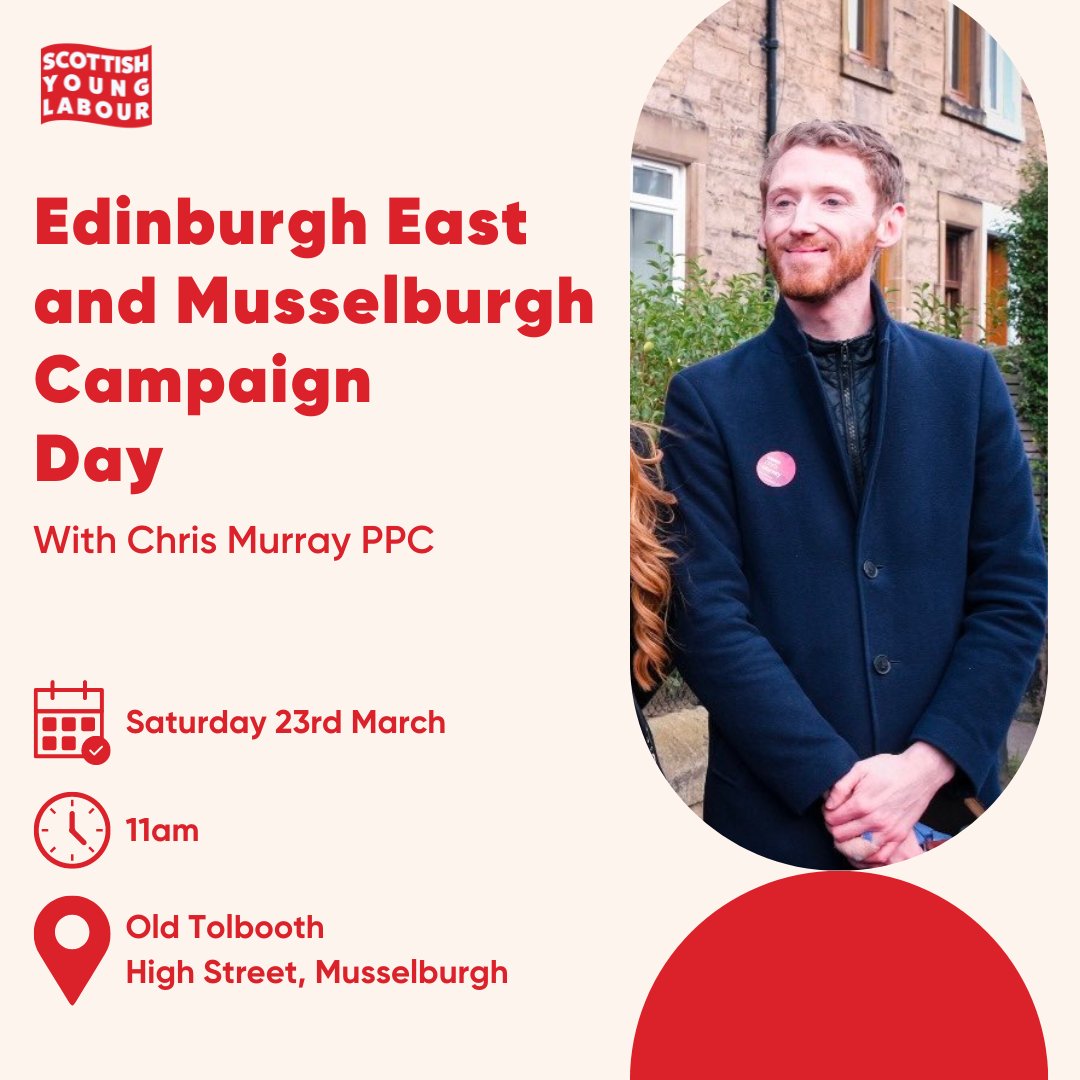 🚨CAMPAIGN DAY THIS SATURDAY!!🚨 Join us on Saturday in Musselburgh to campaign with @ChrisMurray2010! Whether you're a well seasoned doorknocker or have never leafleted before, this is a great opportunity to come and give it a go. Drop us a message if you have any questions!