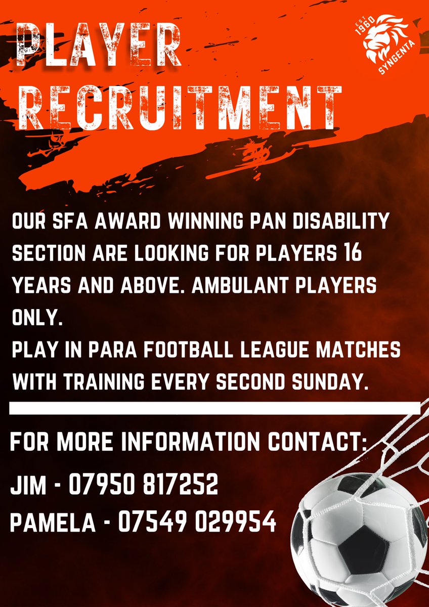 Our SFA Award Winning Pan Disability section are looking for players 16 years or above . Ambulant players only

Play in Para Football League matches with training every second Sunday. 

For more information, please contact Jim or Pamela on the details below.

Please share 👍🏻⚽️