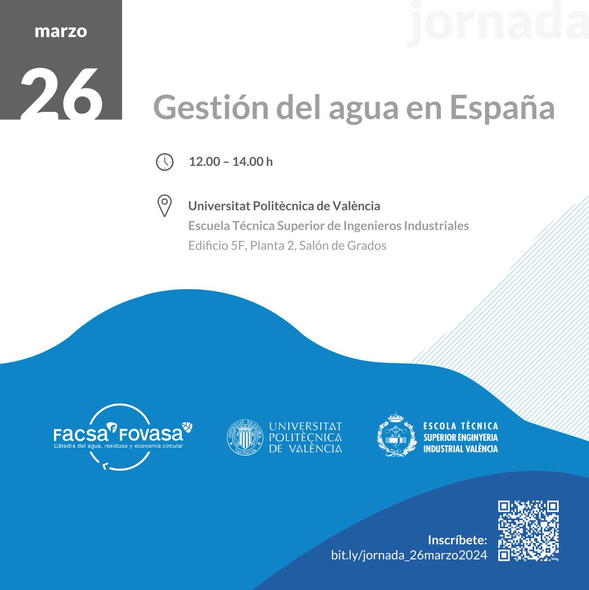 Os presentamos la próxima #jornada sobre Gestión del #agua en España organizada por la Cátedra Facsa-Fovasa-UPV:
📆martes 26 de marzo
⏱️12:00h
📍Edificio 5F, planta 2, Salón Grados (ETSII) en la <a href="/UPV/">Universitat Politècnica de València</a>