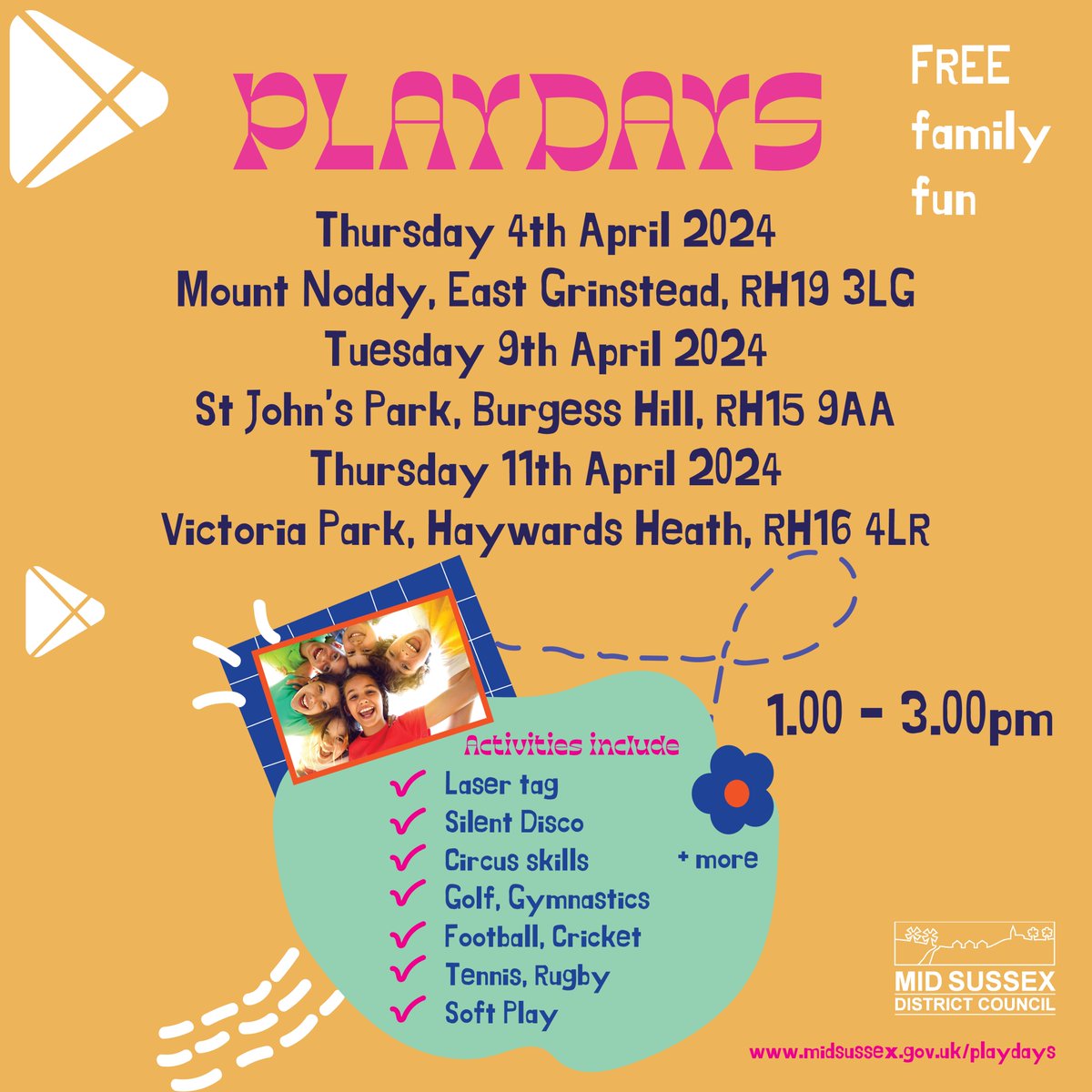 Exciting news! Our FREE play days are back this Easter across the district! Don't miss out on the action-packed Easter festivities! Find out more: midsussex.gov.uk/.../mid-sussex…