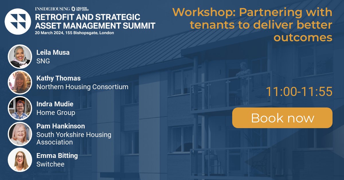 The first workshop of the day will start at 11:00 - ‘partnering with tenants to deliver better outcomes’. Make sure you don’t miss out! #retrofitSAM @NHC @networkhomesuk @homegroup @SYorksHA @SwitcheeLtd