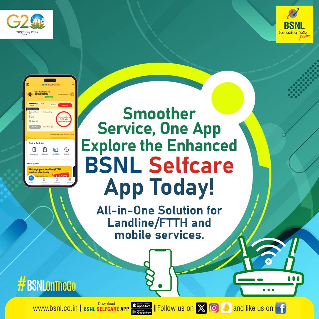 Smoother Service, One App Explore the Enhanced #BSNLSelfcareApp Today! Your All-in-One Solution for Landline/FTTH and Mobile services. Google Play: bit.ly/3H28Poa App Store: apple.co/3oya6xa #BSNLOnTheGo #BSNL #DownloadNow