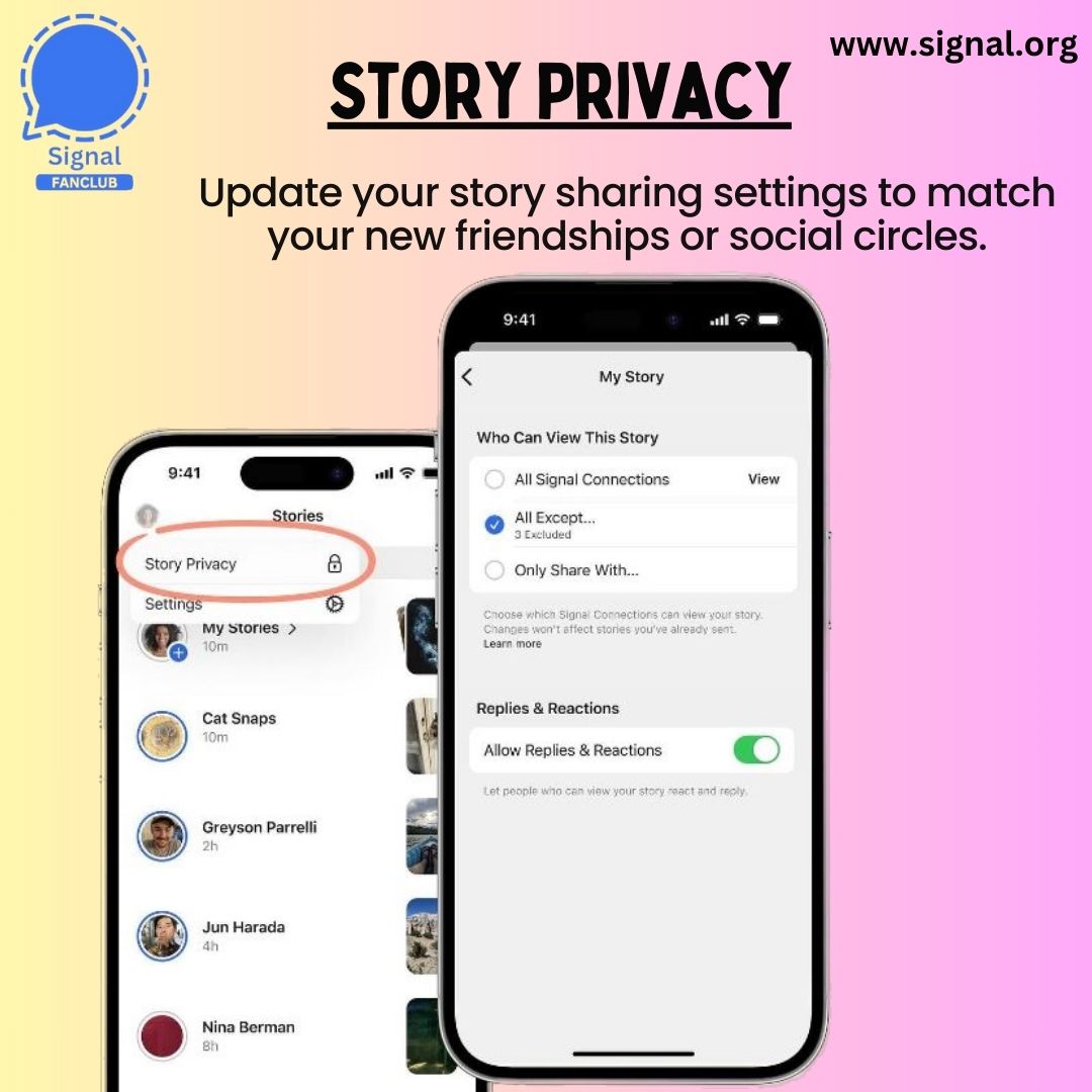 signal_fanclub's tweet image. Adjust your story sharing settings accordingly when making new friends or switching social scenes.

#Signalfanclub #Signalapp #signalencryption #signalencryptedmessenging #Technology #AudienceControl #SocialMediaTips #DataProtection #SocialSceneUpdate #StoryPrivacy