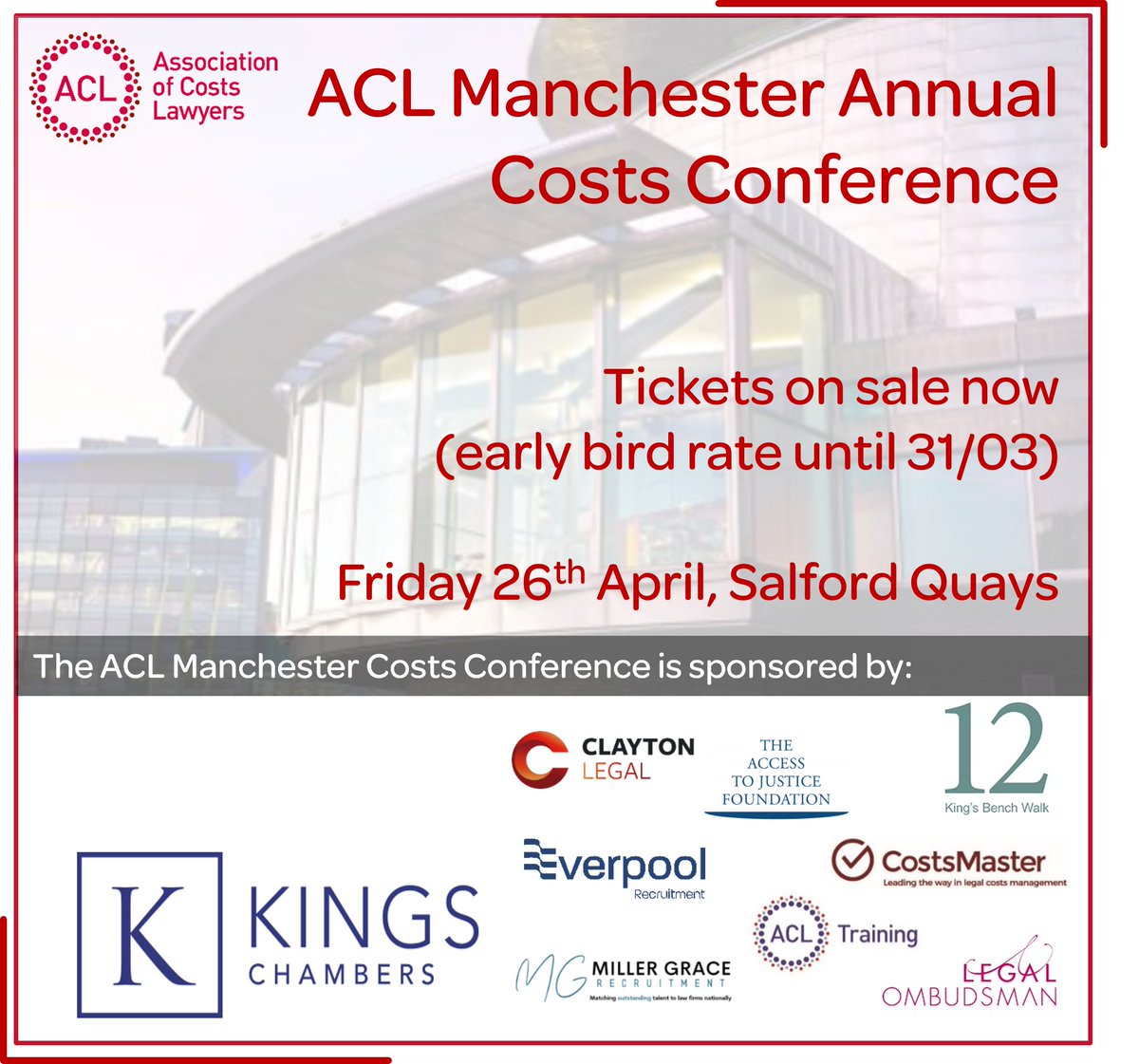 Bookings open & tickets selling fast, book yours here: associationofcostslawyers.co.uk/event/acl-manc…