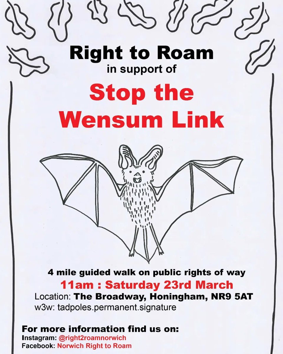 Join us to talk about land, loss, #wildservice and share cake beneath old trees.

Norfolk Right to Roam are holding a walk along part of the proposed route of the Norwich Western Link road.
No trespass involved! 
#righttoroam
#stopthewensumlink