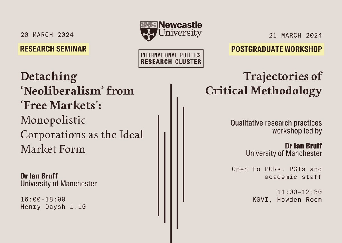 Excited to host Ian Bruff at @NclPolitics this week with a research seminar and a qualitative research methods workshop designed for postgraduate students. Events are open to @HaSSFacultyNCL colleagues + the North East Politics & IR community @NCL_Geography @NCLSociology