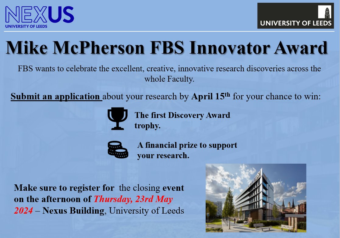 Calling FBS research staff 📢 Applications are still open for the Mike McPherson FBS Innovator Award. The winner and runners up will receive monetary prizes to support research ideas. Visit SharePoint for details on how to submit your application. eventbrite.co.uk/e/mike-mcphers…