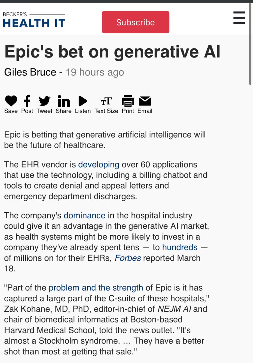 In today’s obvious news, Epic is building over 60 generative AI applications ON ITS OWN for its large user base. A bunch of heavily funded AI startups with no moat are in real trouble now. Your biggest competitor isn’t Microsoft or Google, it’s Epic. If you can build a wrapper…