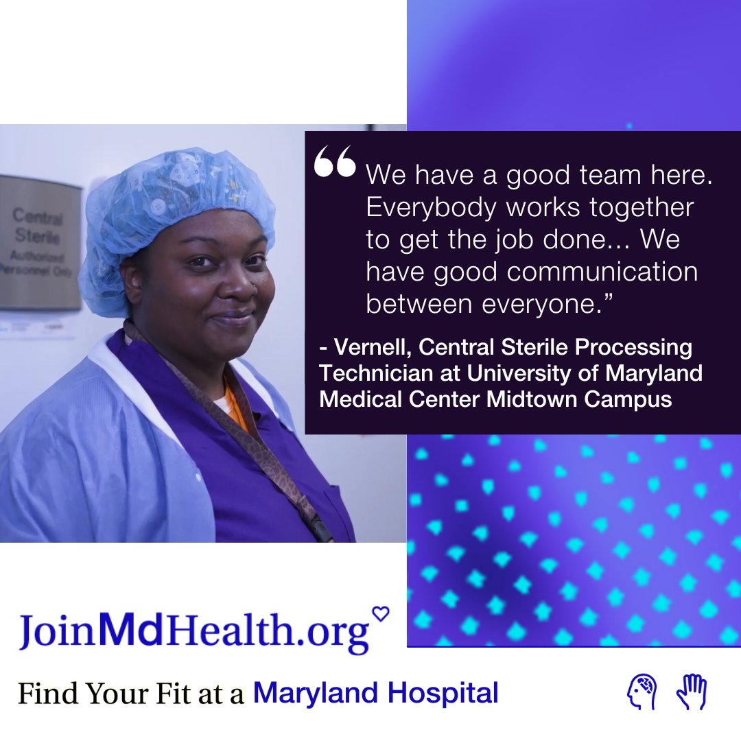 'We have a good team here. Everybody works together...We have good communication between everyone,' says Vernell, a central sterile processing technician at the @UMMC Midtown Campus. Learn more about Vernell's experience in the @JoinMdHealth video: youtube.com/watch?v=_mqIHe…