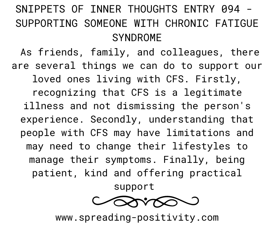 #ChronicFatigueSyndrome #CFS #SupportLovedOnes #UnderstandingIllness #PatientAndKind #PracticalSupport #LifeWithCFS #HealthAwareness #ChronicIllnessSupport #CompassionInAction