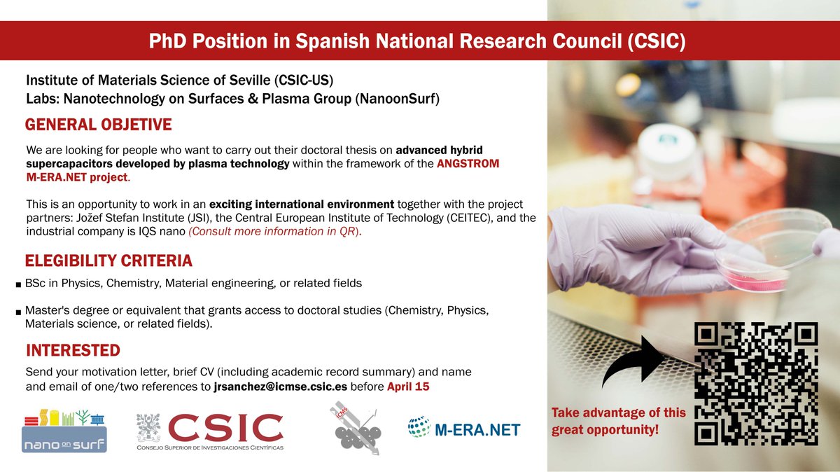 🔴New opportunity! 👩‍🔬👨‍🔬 Start your doctoral thesis with us within the framework of the international ANGSTROM M-ERA.NET project 🔋Advancing Supercapacitors with Plasma-designed Multifunctional Hybrid Materials⚡️ Deadline📅 15th April saco.csic.es/index.php/s/fj…