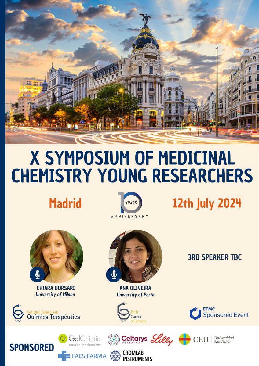 📢Do not miss the X Symposium of Medicinal Chemistry Young Researchers
Registration is open!🤩🙌 Travel grants will be announced! 
🔗sites.google.com/view/seqtxyrs/…
📅 July 12, 2024
📍 Madrid, Spain
#MedChem #DrugDiscovery