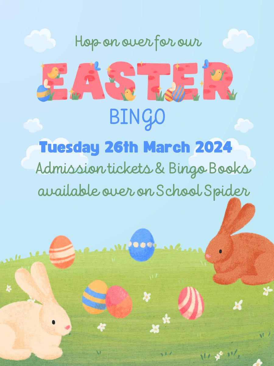 Tickets for the PTA Easter Bingo are very popular - three quarters of the tickets have sold just overnight! Get in there quick if you want to join us as we cannot accept walk-ins on the day. Tickets and admission are available on School Spider under 'Bookings & Payments'