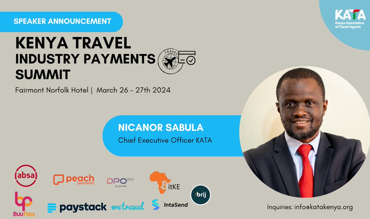Speaker Alert!

Our very own Kenya Association of Travel Agents CEO, Mr Nicanor Sabula   will be speaking at the summit.

Mr. Nicanor Sabula is a skilled, passionate, and self-driven Association Manager with over 15 years of extensive experience in senior leadership roles within