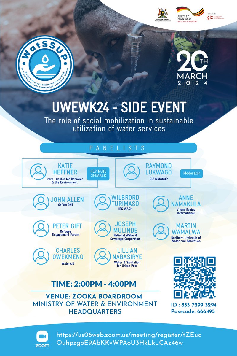 GIZWatSSUP's tweet photo. Join us today for our #UWEWK24 side event on "The Role of Social Mobilization in Sustainable Utilization of Water Services" at the @min_waterUg Headquarters in the Zooka Boardroom from 2-4pm. Register here: https://t.co/uwBYc4ZsXa https://t.co/bExWaHMVUI
