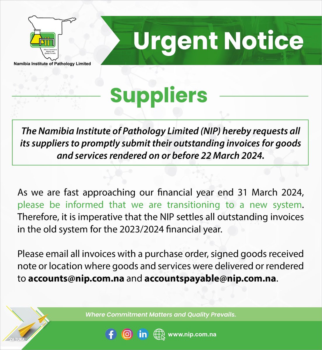 To our valued suppliers, kindly take note of this urgent notice.