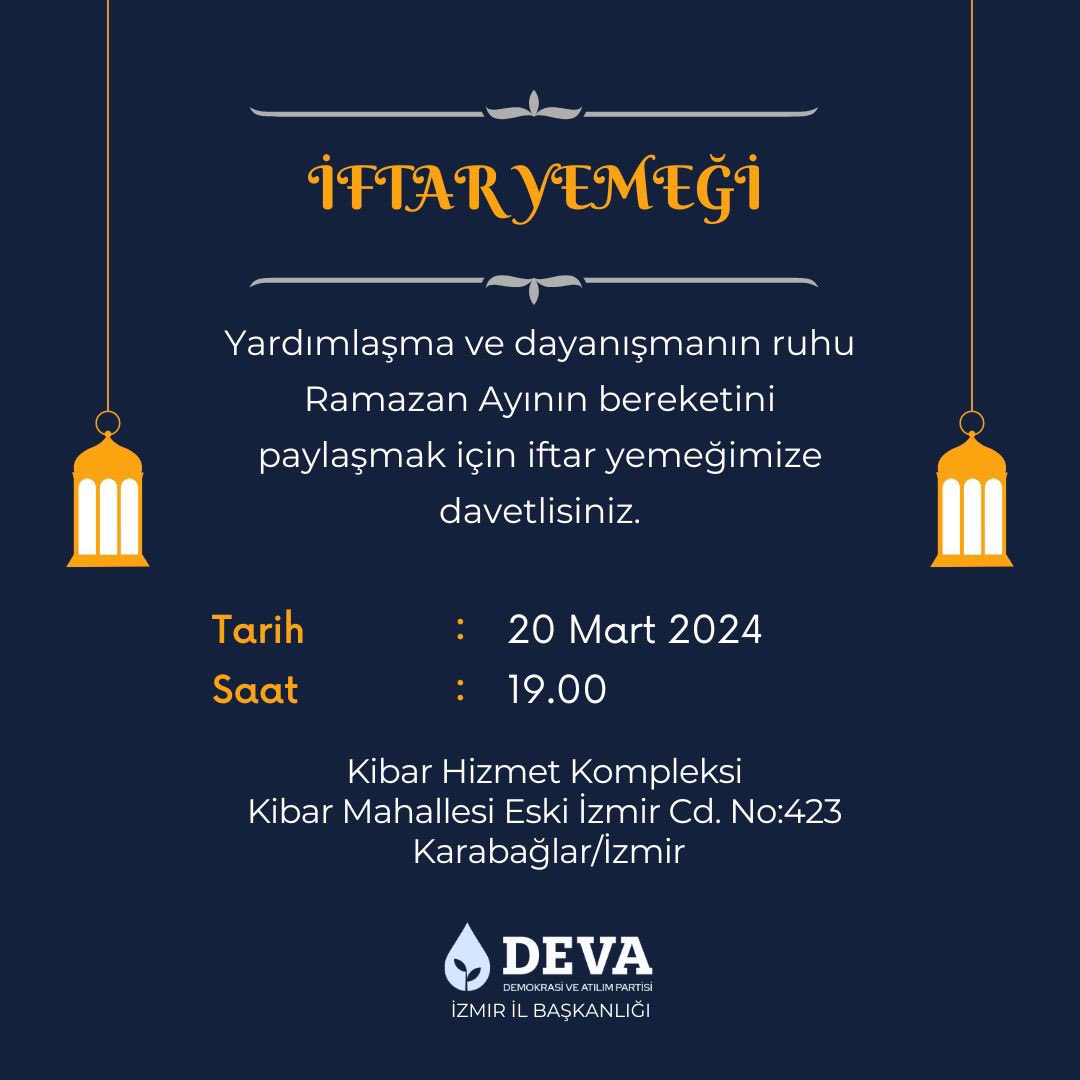 Yardımlaşma ve dayanışmanın ruhu Ramazan Ayının bereketini paylaşmak için iftar yemeğimize davetlisiniz. 🕖19.00 🗓️20 Mart Çarşamba (BUGÜN) 📍Kibar Mahallesi Belediye Hizmet Kompleksi (Kibar Mahallesi, Eski İzmir Caddesi, No:423 Karabağlar/İzmir