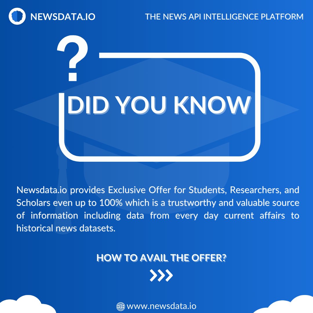 newsdataio's tweet photo. Avail the exclusive offers we are providing for students, researchers and scholars and take your research to the next level with https://t.co/7pL7GMddaP

Visit our website to know more- https://t.co/BTC3A4A42P

#api #web3 #newsdata #student #research https://t.co/zVQSbNZ4Z8