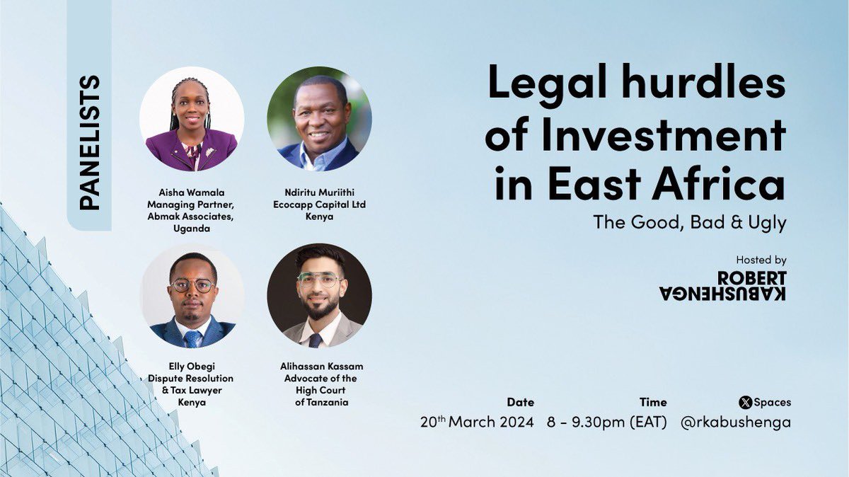 This Wednesday on my #AfricanSpeak Spaces I will discuss the challenges of equity investors in the East African commercial justices system. The implications for fundraising in a context where the justice system is slow & can be frustrating. Log on at 8 pm & spread the word