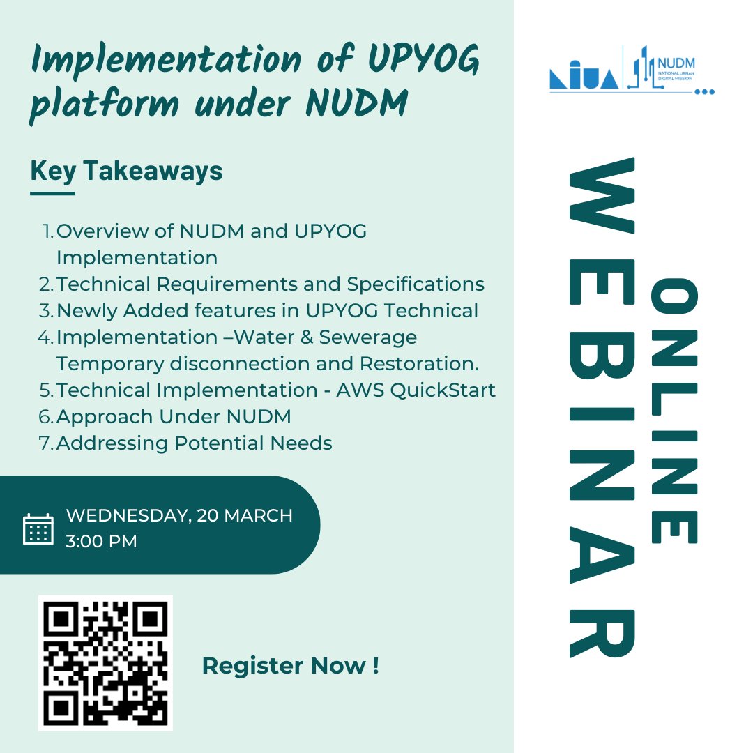 National Urban Digital Mission-NIUA (@nudm_niua) on Twitter photo WebinarAlert!
An online webinar on the āImplementation of UPYOG platformā under NUDM is being organised by the <a href="/NUDM_NIUA/">National Urban Digital Mission-NIUA</a> today i.e., 20 March' 23 at 3.00 PM.
Link:zoom.us/webinar/registā¦
Register now & book your participation by clicking on the link above or scan the QR code. WebinarAlert!
An online webinar on the āImplementation of UPYOG platformā under NUDM is being organised by the <a href="/NUDM_NIUA/">National Urban Digital Mission-NIUA</a> today i.e., 20 March' 23 at 3.00 PM.
Link:zoom.us/webinar/registā¦
Register now & book your participation by clicking on the link above or scan the QR code.