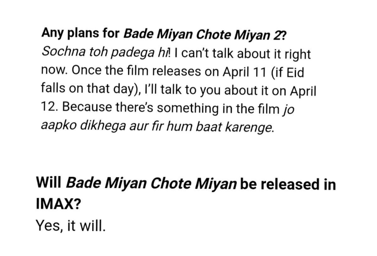 akki_lltk's tweet photo. So #BMCM 11 April (On the day of Eid) ko hi release hogi aur IMAX me hogi🔥👌 Producer Vashi Bhagnani ne post credit scene ka bhi hint diya so #BMCM2🤫🔥🔥🔥💪 @aliabbaszafar https://t.co/DQXfM7ahP1