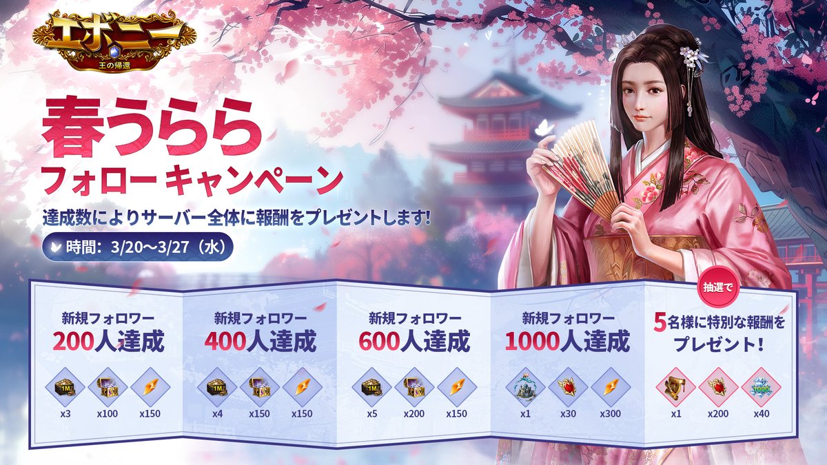 ／
🌸春うらら
#春分の日 フォローキャンペーン開催！
＼
🎉新規フォローの人数により、サーバー全体に報酬をプレゼントします！

📷応募方法：<a href="/Evony_JP/">【公式】エボニー - 王の帰還</a>をフォローするだけ！

📢更に！
フォロワーの中から抽選で5️⃣名様に特別な報酬をプレゼント！
🕛〆切:3/27🥳
#キャンペーン #エボニー