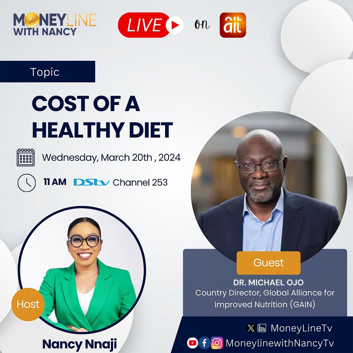 📺 Join @Mic_Ojo at 11 am on #MoneyLine with Nancy live on AIT DSTV Channel 253 for an enlightening conversation on the challenges of rising food prices in Nigeria and the population's access to a healthy diet. #FoodSecurity #Nigeria #HealthierDiets4All🍲